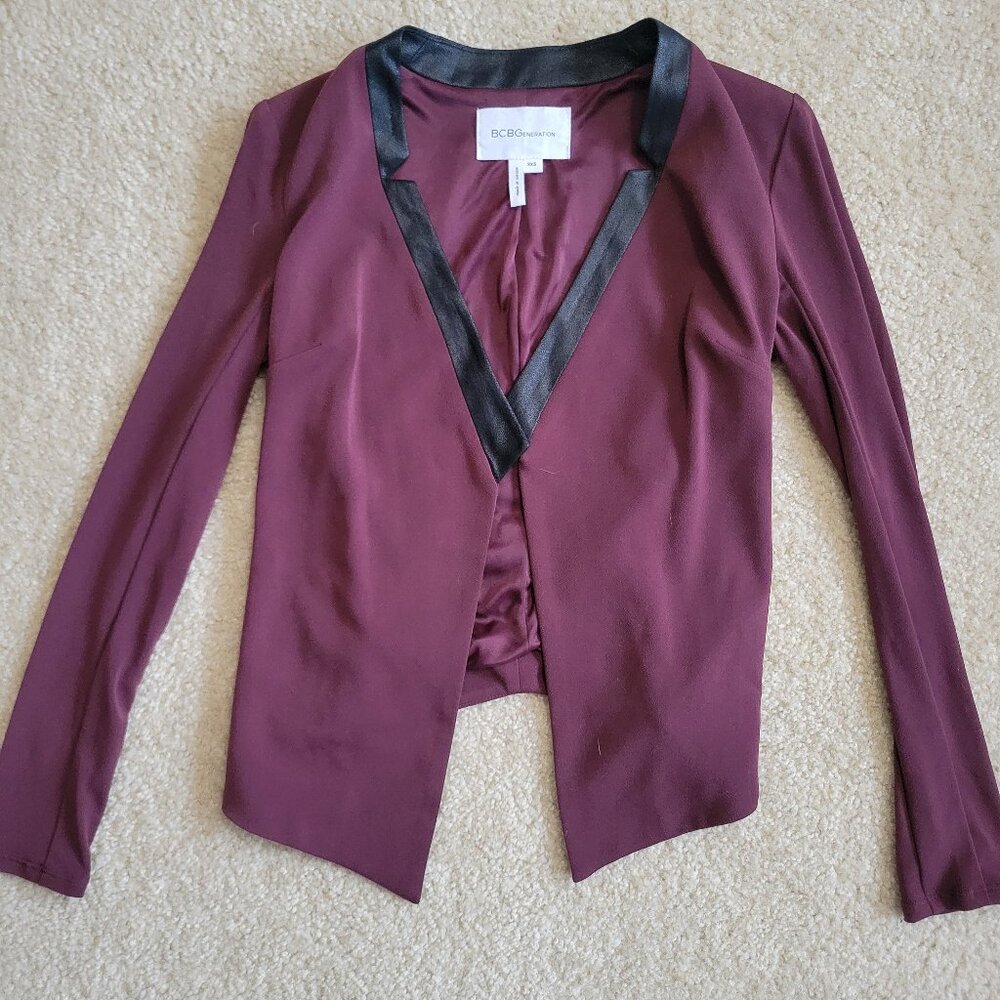 BCBGeneration Wine Burgundy Tuxedo Blazer High Low Tail Satin Trim Jacket XXS